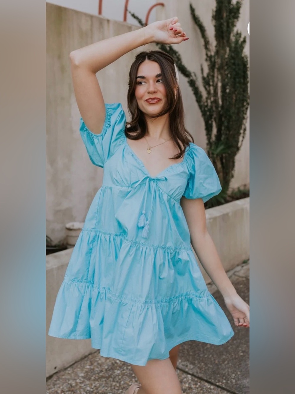 Papermoon Light Blue Puff Sleeve Tiered Mini Dress